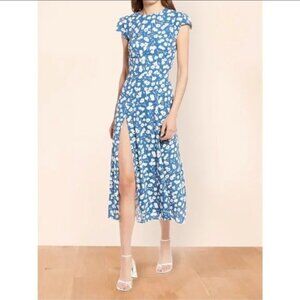 Reformation Blue White Tuli Floral Print Gavin Cap Sleeve Open Back Midi Dress